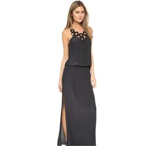 Ramy Brook Aria Maxi Dress Fits Sz XS/S Black Crinkle Sateen Crochet Bib Slit